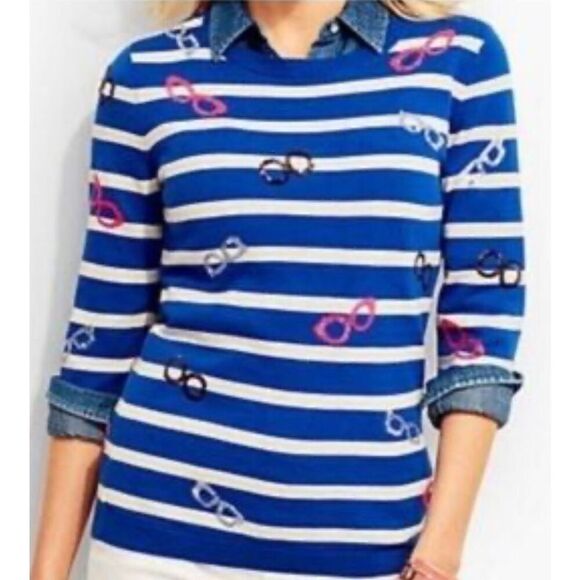 TALBOTS NWT Pullover Sweater Striped Sequin Glasses Size XP may fit XL - Picture 1 of 7